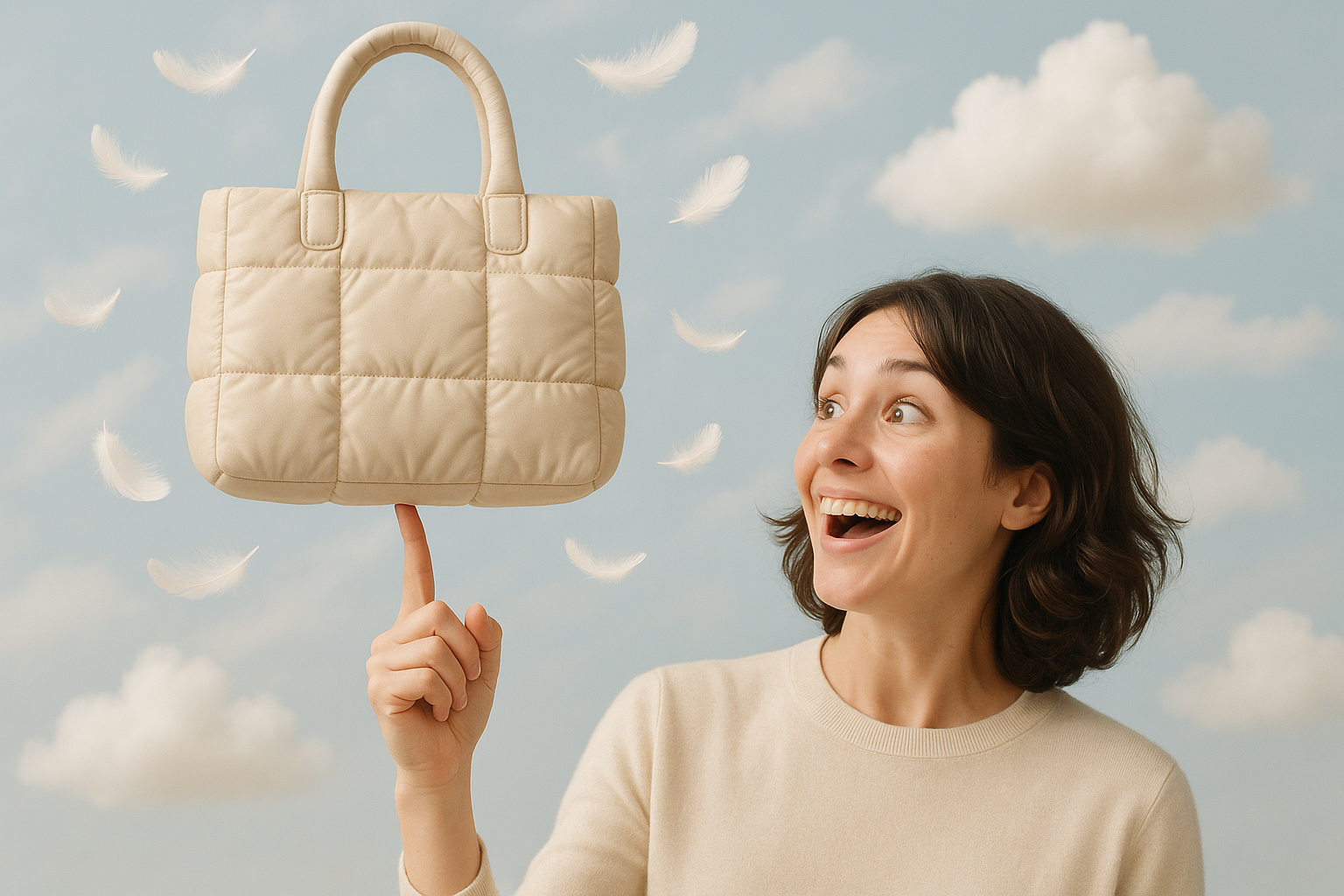 A person lifting the Puffy Bag with just one finger, smiling in surprise at how light it is. Add floating feather or cloud elements around the bag to show weightlessness.