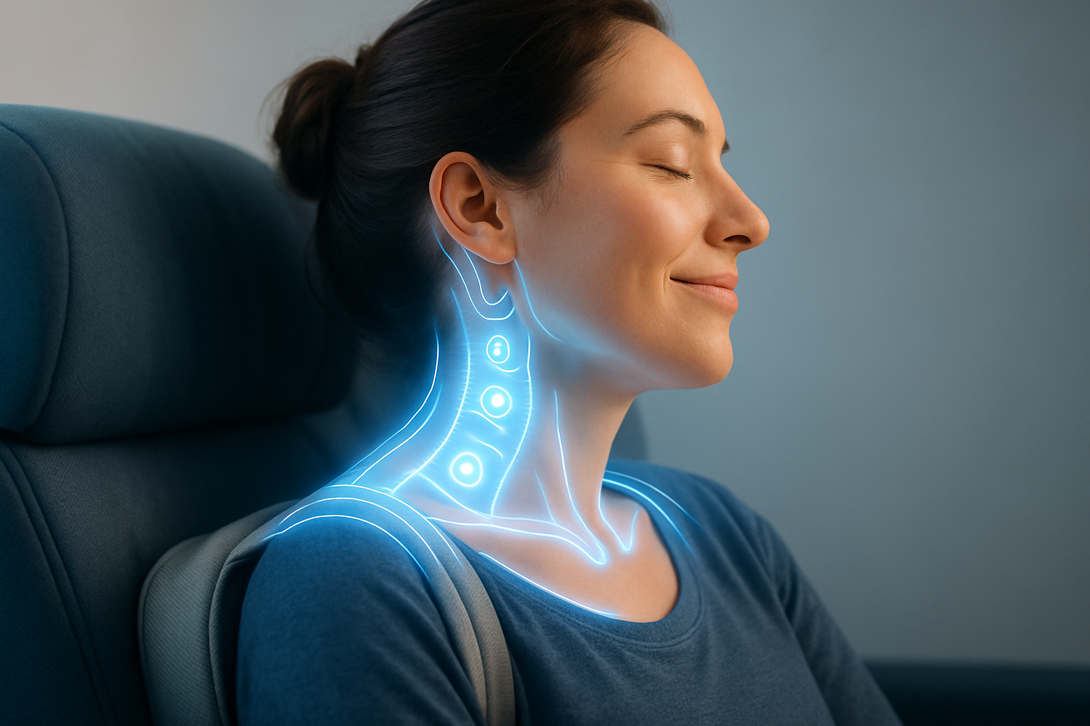 A side profile showing pressure relief highlighted in glowing lines around neck/shoulders, traveler smiling in comfort.