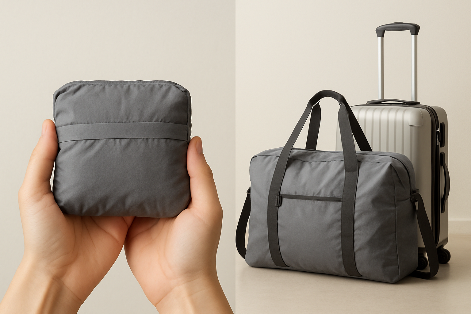 Show the bag folded into a palm-sized pouch, then unfolding into a full-sized duffel next to a suitcase.