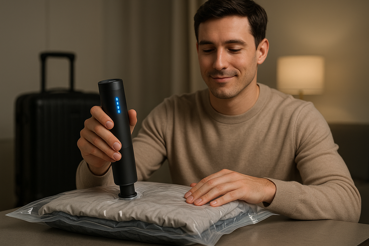 “Traveler using sleek cordless pump to compress clothing bag, LED battery light glowing, effortless process”