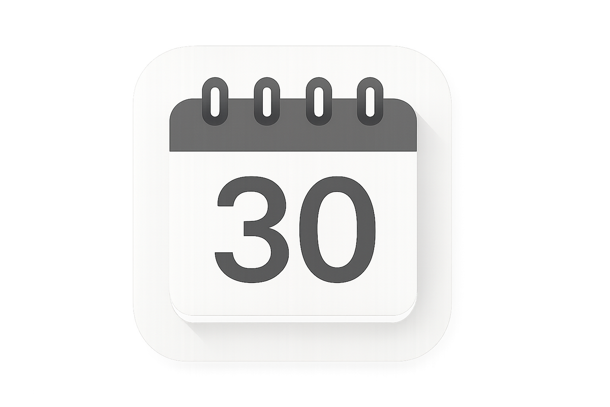 30 day calendar icon white and grey only