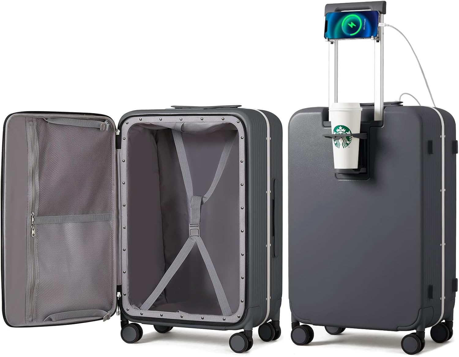 Large Checked Luggage with Cup Phone Holder and Charger Hard Shell Suitcases with Spinner Wheels, 26 Inch Avocado Green
