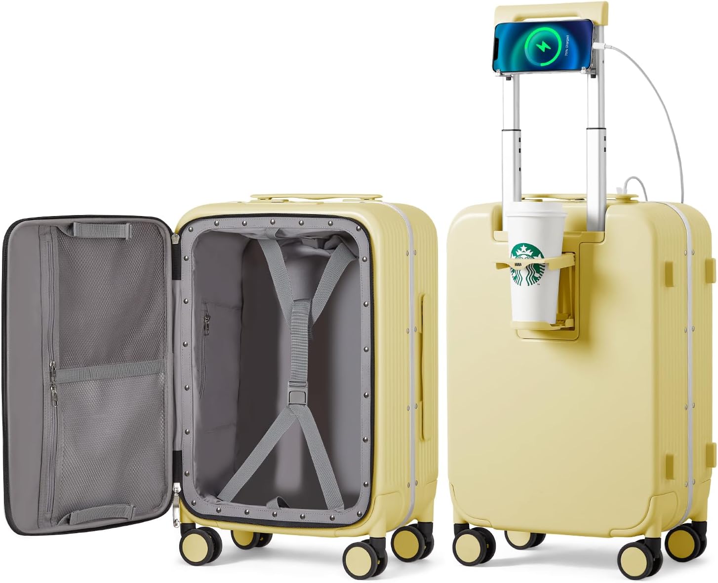 Large Checked Luggage with Cup Phone Holder and Charger Hard Shell Suitcases with Spinner Wheels, 26 Inch Avocado Green