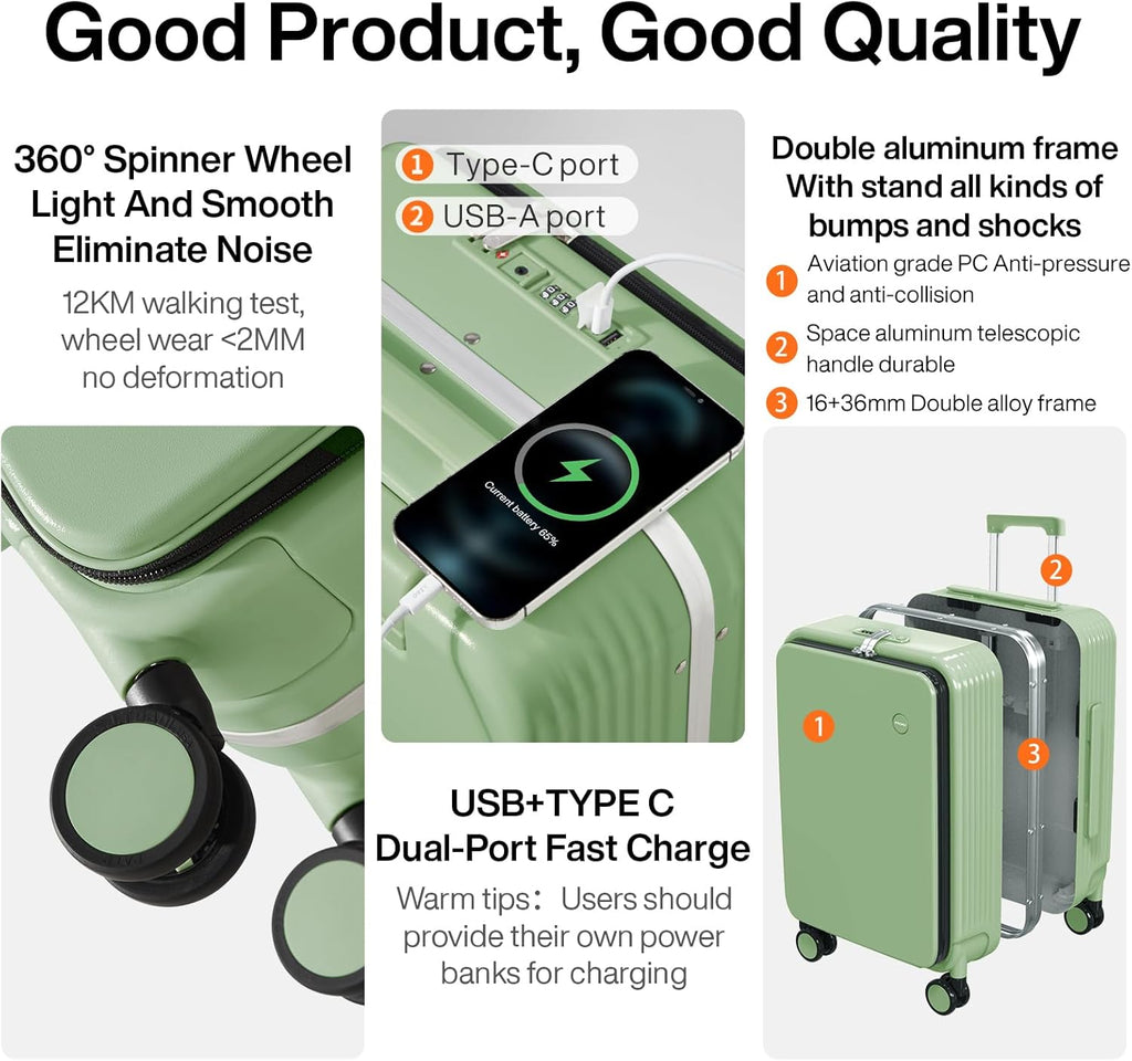 Large Checked Luggage with Cup Phone Holder and Charger Hard Shell Suitcases with Spinner Wheels, 26 Inch Avocado Green