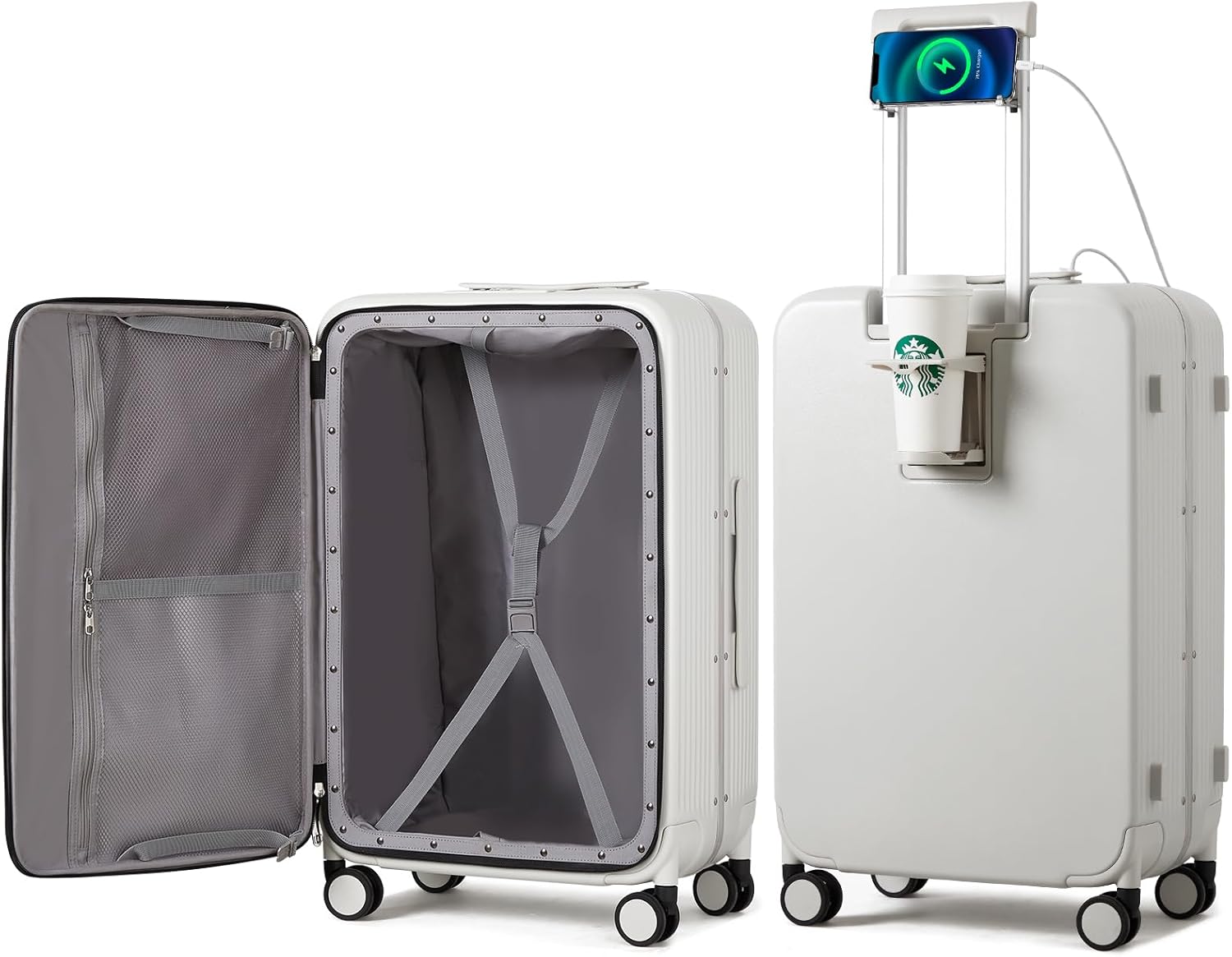 Large Checked Luggage with Cup Phone Holder and Charger Hard Shell Suitcases with Spinner Wheels, 26 Inch Avocado Green