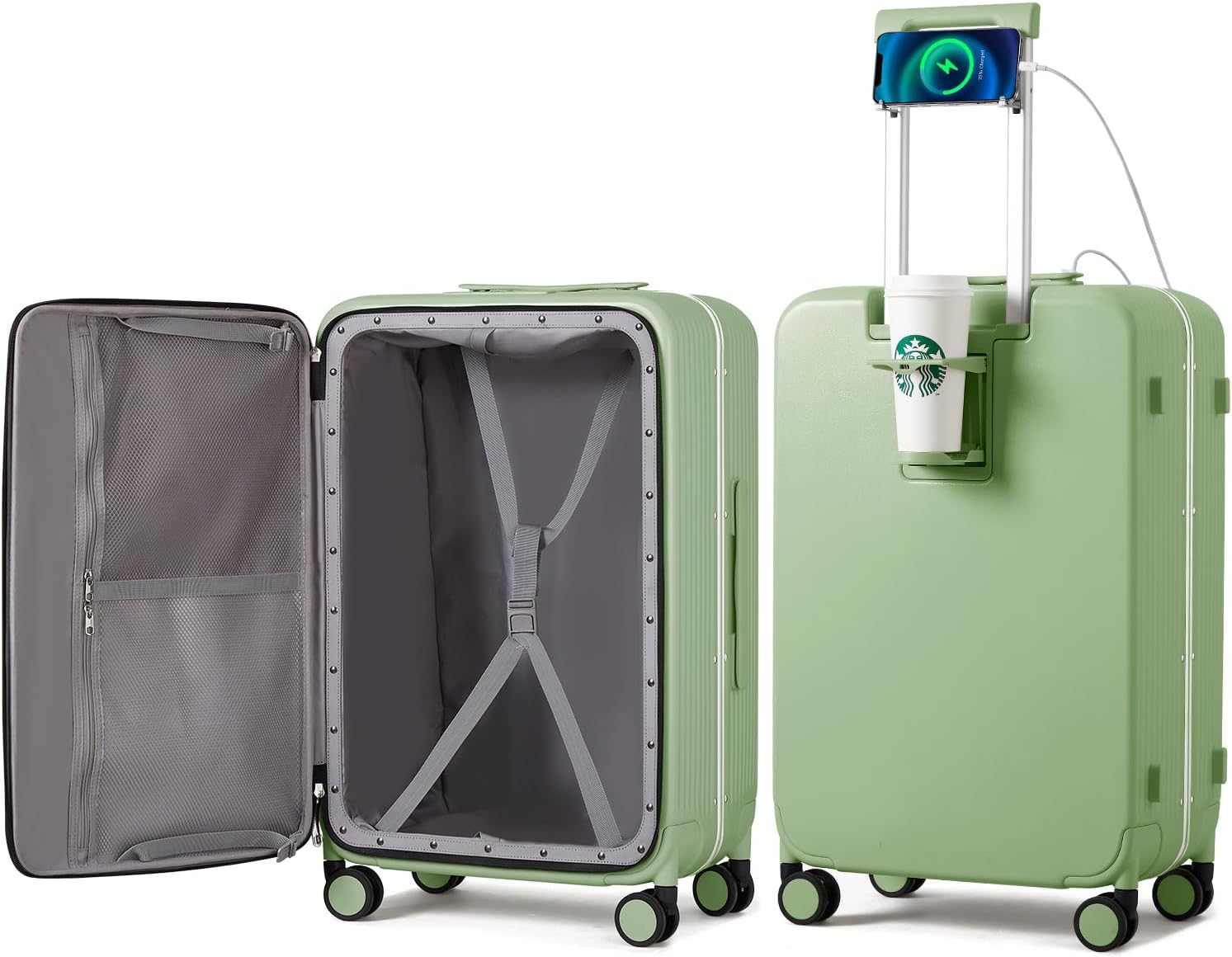 Large Checked Luggage with Cup Phone Holder and Charger Hard Shell Suitcases with Spinner Wheels, 26 Inch Avocado Green