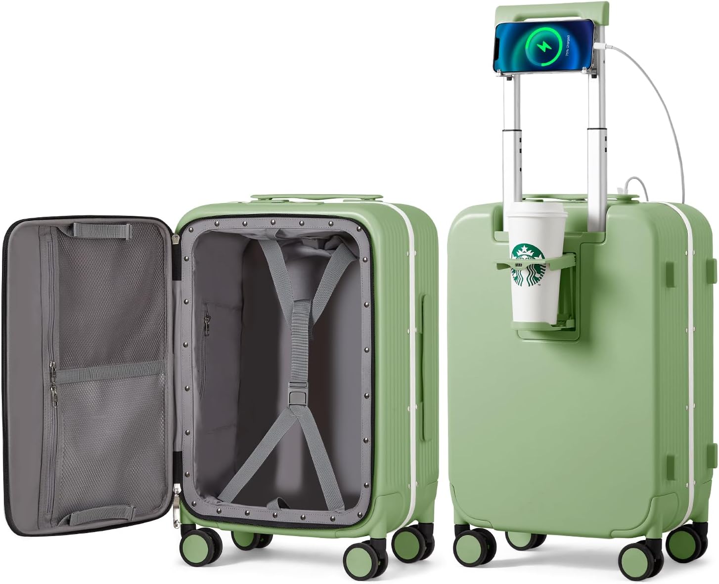 Large Checked Luggage with Cup Phone Holder and Charger Hard Shell Suitcases with Spinner Wheels, 26 Inch Avocado Green