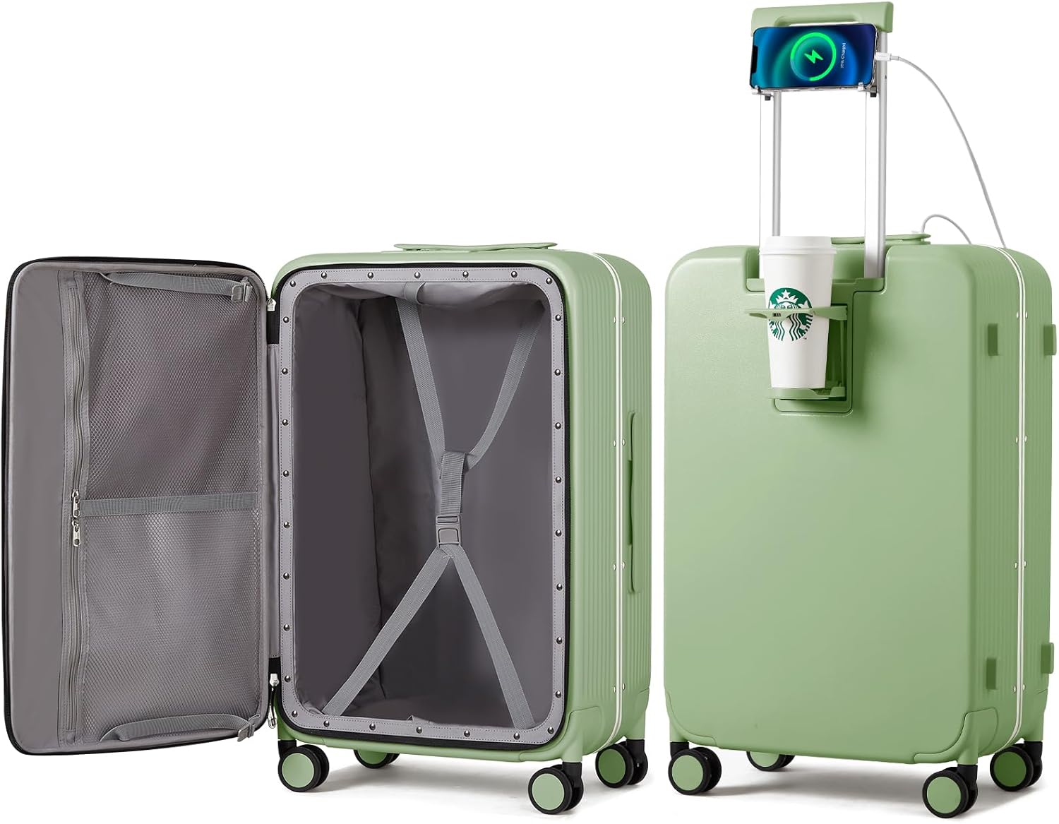 Large Checked Luggage with Cup Phone Holder and Charger Hard Shell Suitcases with Spinner Wheels, 26 Inch Avocado Green