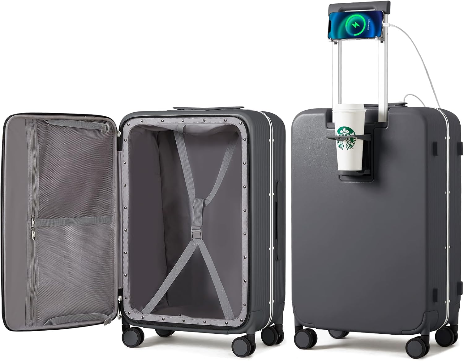 Large Checked Luggage with Cup Phone Holder and Charger Hard Shell Suitcases with Spinner Wheels, 26 Inch Avocado Green