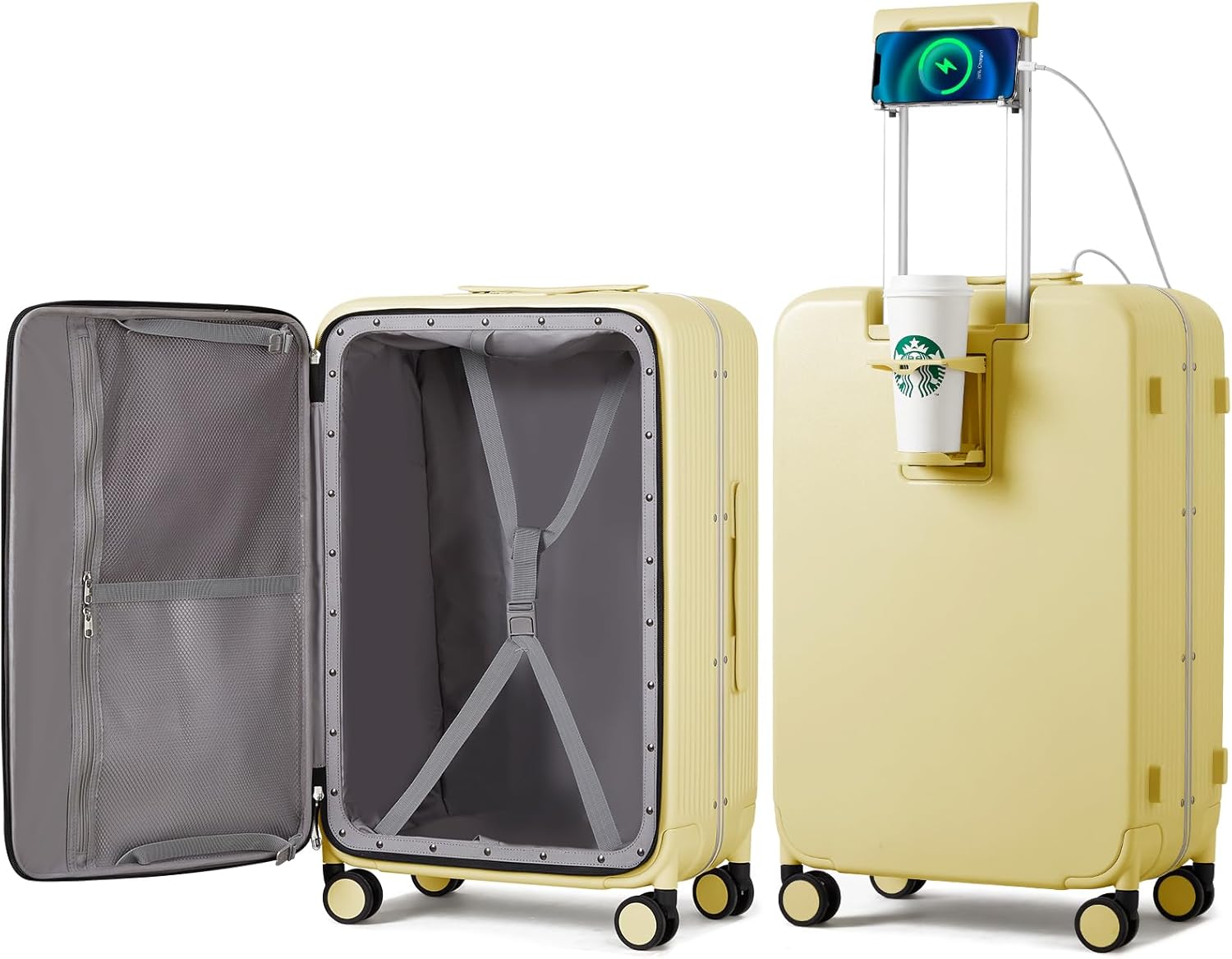 Large Checked Luggage with Cup Phone Holder and Charger Hard Shell Suitcases with Spinner Wheels, 26 Inch Avocado Green