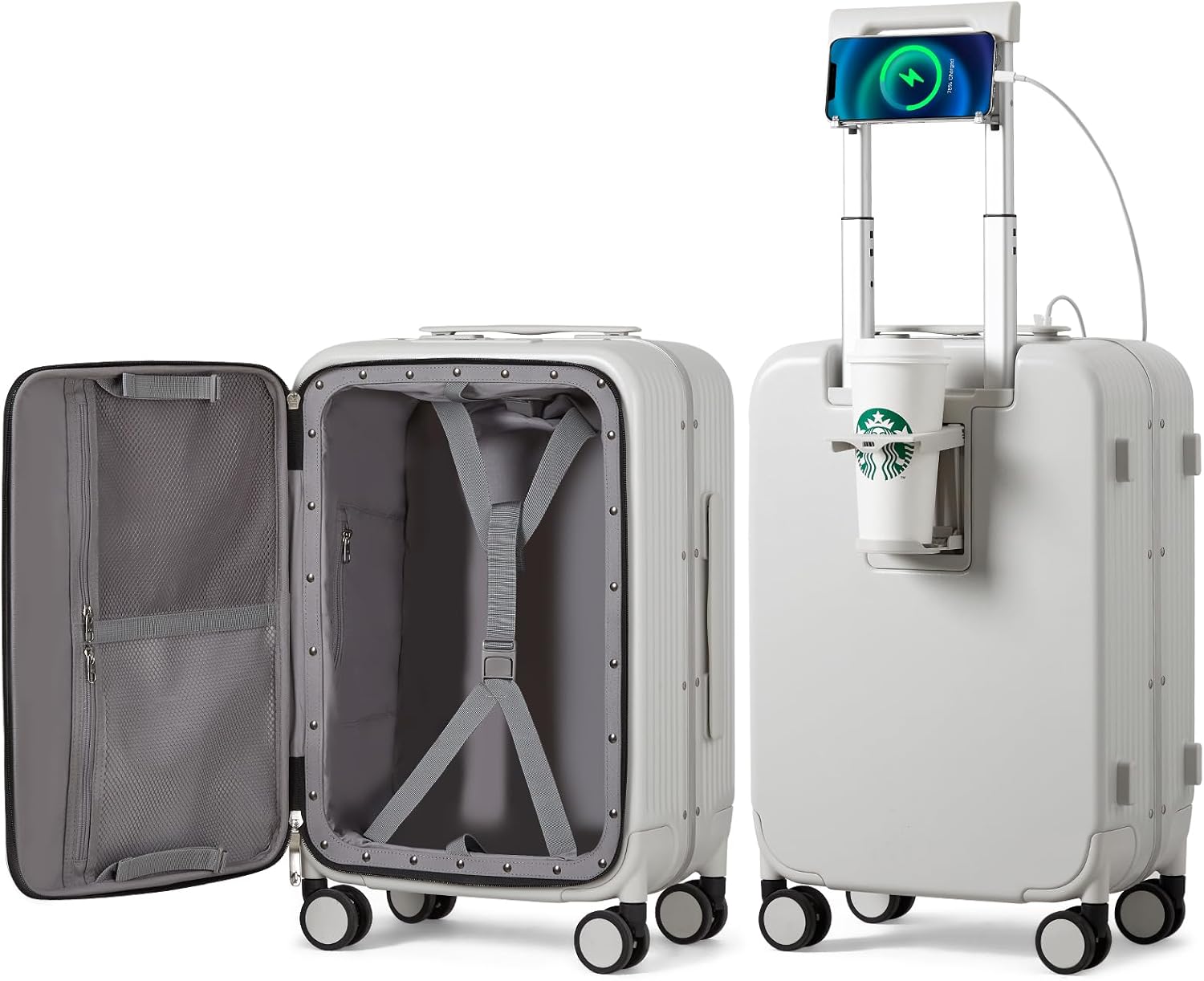 Large Checked Luggage with Cup Phone Holder and Charger Hard Shell Suitcases with Spinner Wheels, 26 Inch Avocado Green