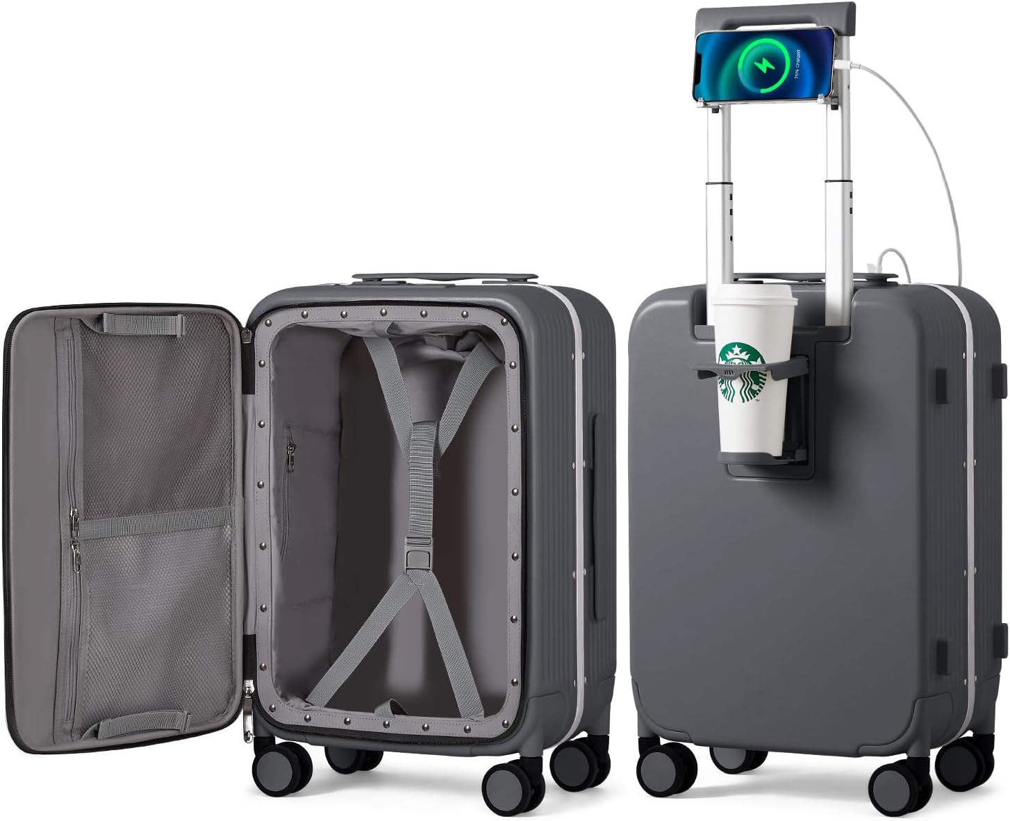 Large Checked Luggage with Cup Phone Holder and Charger Hard Shell Suitcases with Spinner Wheels, 26 Inch Avocado Green