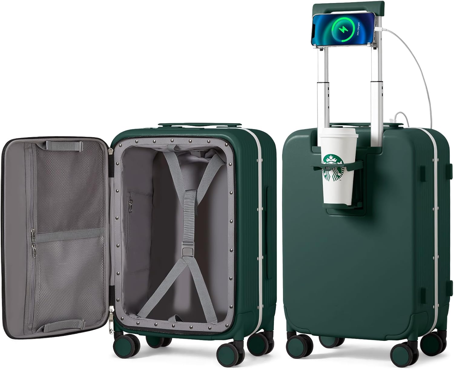 Large Checked Luggage with Cup Phone Holder and Charger Hard Shell Suitcases with Spinner Wheels, 26 Inch Avocado Green