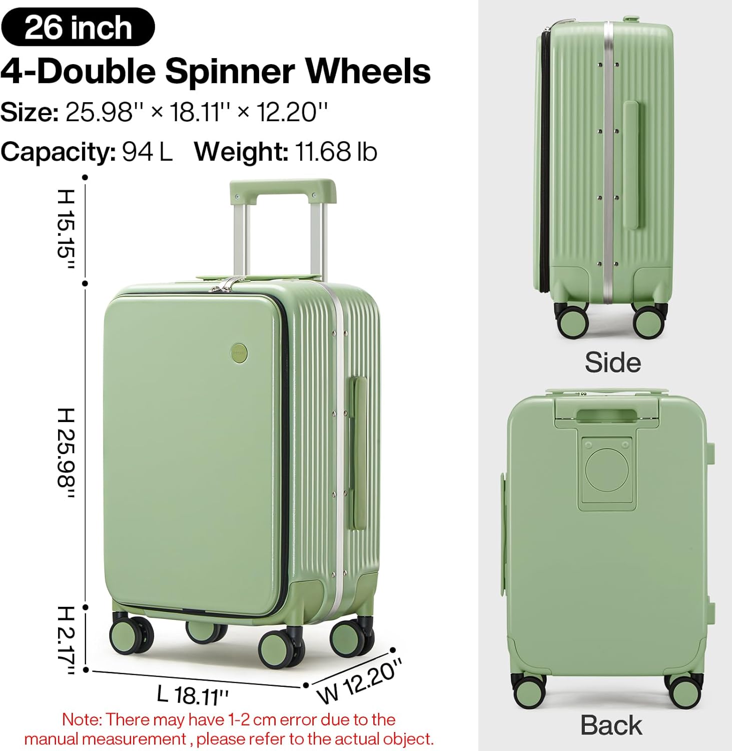 Large Checked Luggage with Cup Phone Holder and Charger Hard Shell Suitcases with Spinner Wheels, 26 Inch Avocado Green