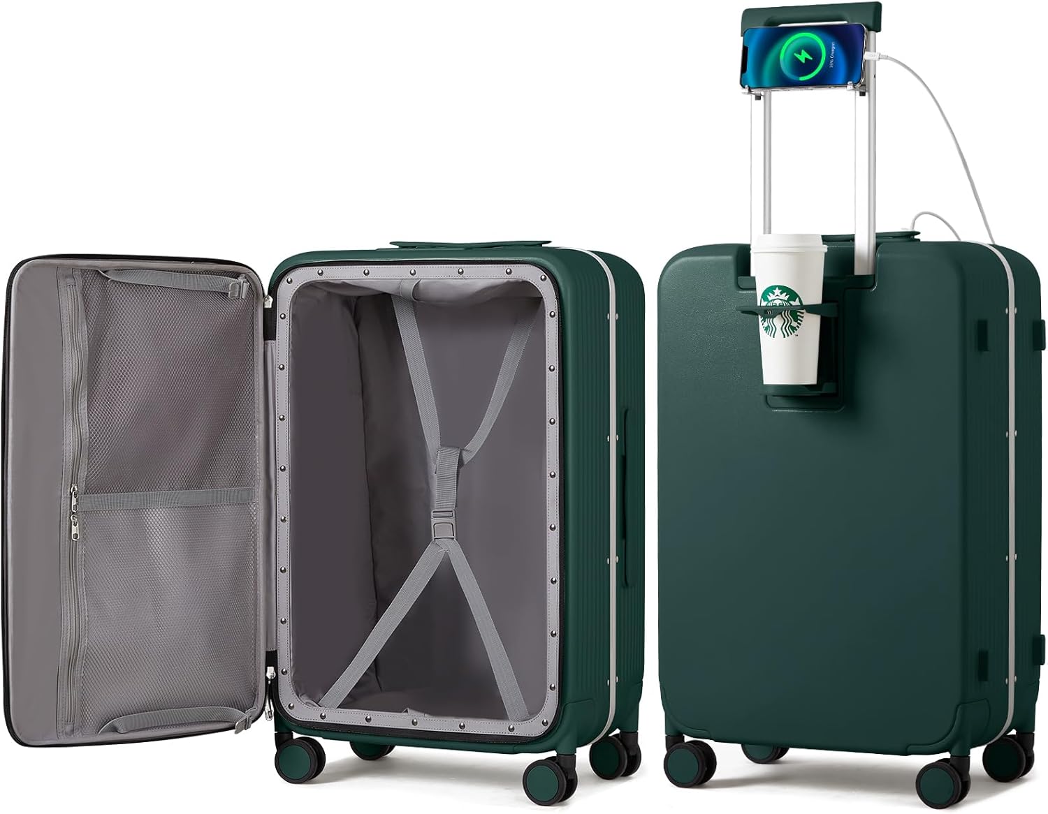 Large Checked Luggage with Cup Phone Holder and Charger Hard Shell Suitcases with Spinner Wheels, 26 Inch Avocado Green