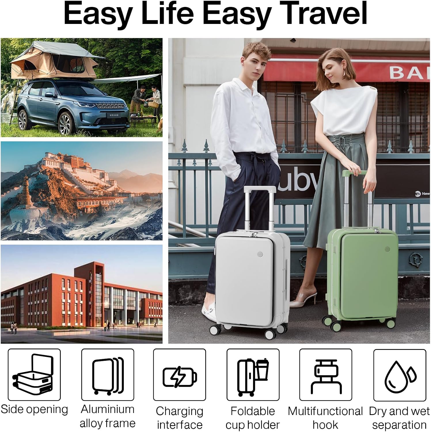 Large Checked Luggage with Cup Phone Holder and Charger Hard Shell Suitcases with Spinner Wheels, 26 Inch Avocado Green