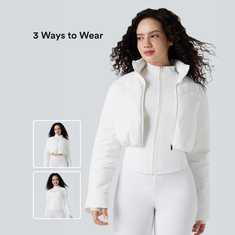  Cropped Puffer Coat & Thumb Holes Curved Hem Jacket with Pocket