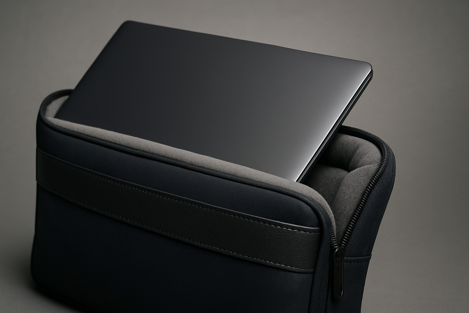 A 15.6” laptop sliding smoothly into the padded sleeve, followed by a soft cushion effect wrapping around it for protection. The bag should still look stylish and fashionable, like something from a city street style scene.