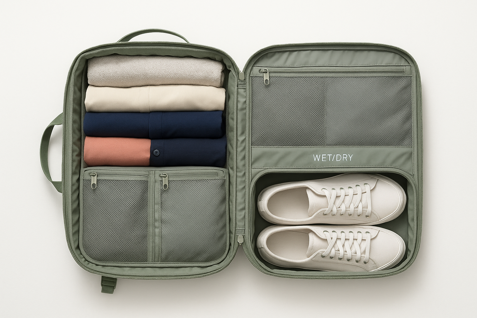 A 30L water-resistant nylon travel backpack in light green, lying open flat at 180°, revealing neatly packed clothes, a folded towel, and a visible shoe compartment holding white sneakers. Include visible zippered mesh pouches and a wet/dry divider. Style is clean, minimal, high-res product showcase on a white background.