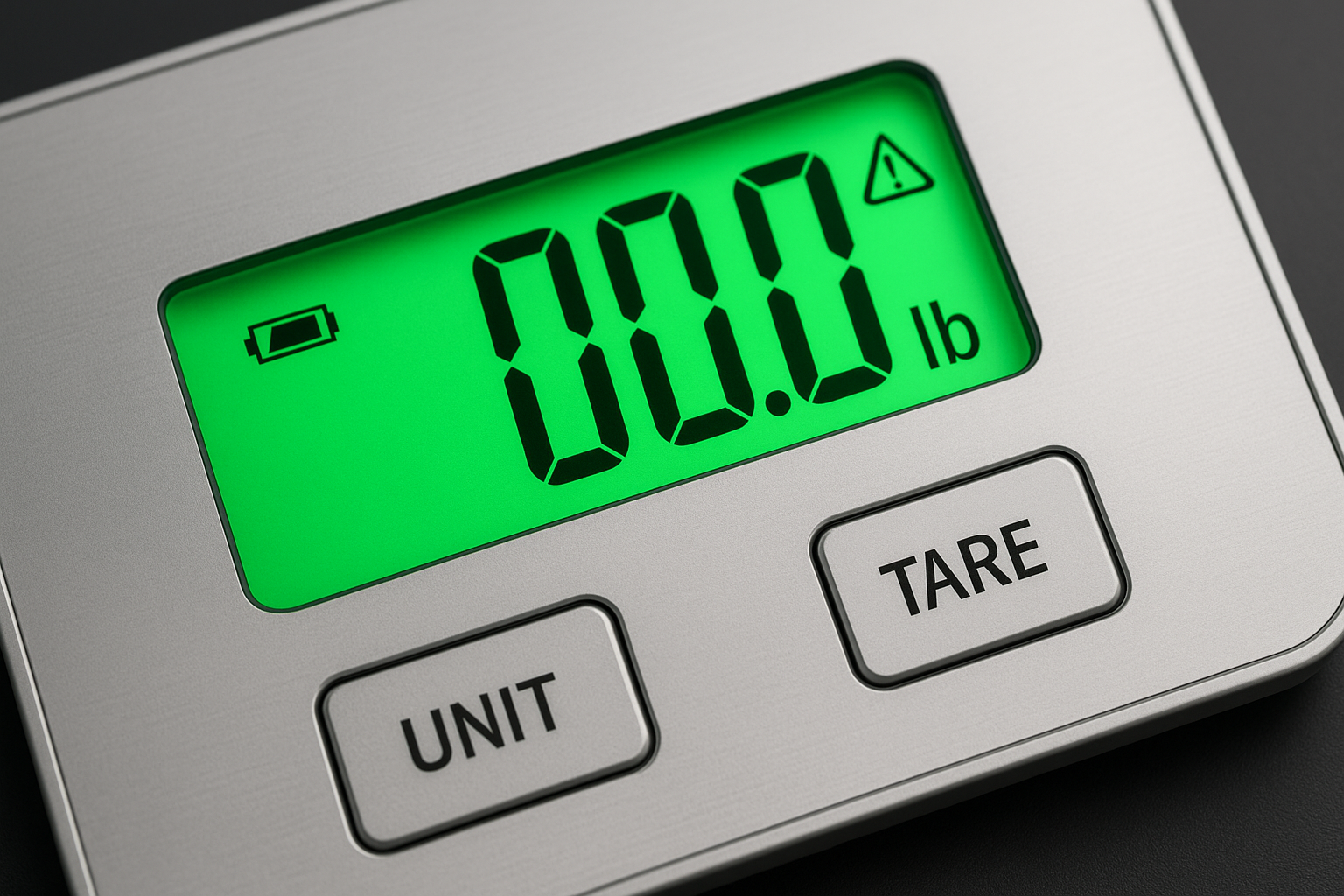 A digital scale close-up with the green backlit LCD clearly displaying '00.0 lb'. The buttons labeled 'UNIT' and 'TARE' are in focus, showing easy functionality, with icons indicating low battery and overload warnings