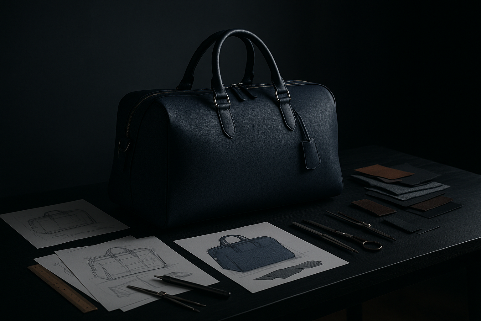 A high-resolution, minimalist photo of a dark-toned designer studio. A navy travel bag rests on a sleek black wooden table with subtle light highlighting its details. Surrounding the bag are sketches, fabric swatches, and tools, symbolizing craftsmanship and durability. The background is softly lit but remains dark and moody, with hints of shadow and texture to create contrast for white text. Professional, authentic, modern style.