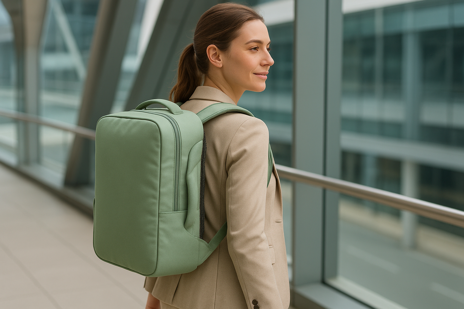 A model wearing a light green, boxy travel backpack with padded S-shaped shoulder straps and a thick breathable mesh back panel. The person is walking outdoors or at an airport, looking relaxed. Emphasize ergonomic support and the curve of the straps. Clear daylight or soft indoor lighting.