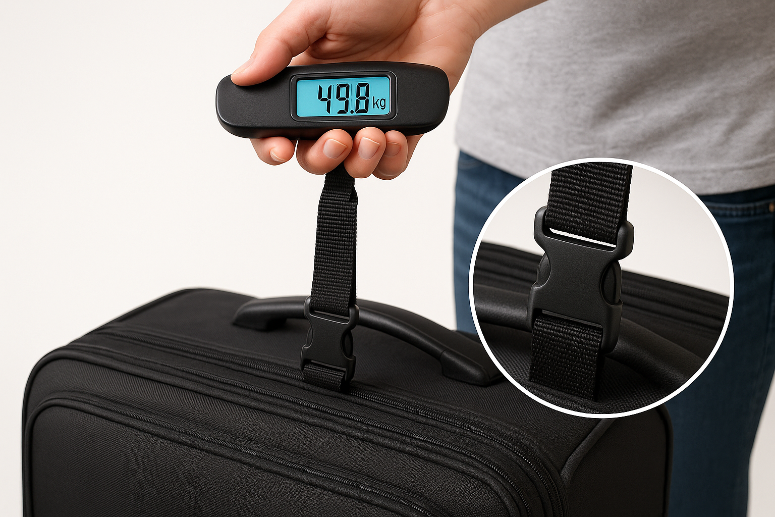 A person lifting a large, fully packed suitcase with the digital scale, the bright LCD showing an accurate weight like ‘49.8 kg’. Include a close-up of the scale’s strap securely attached, highlighting strength and capacity.
