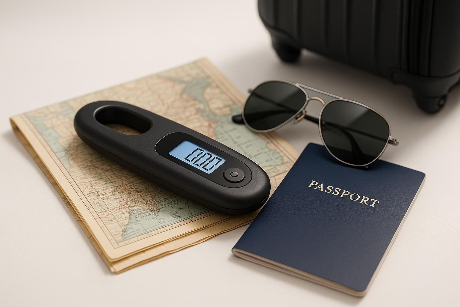 A sleek, pocket-sized digital luggage scale resting on a folded travel map next to a passport and sunglasses. The scale fits neatly in a hand or next to a carry-on bag, emphasizing portability and convenience.