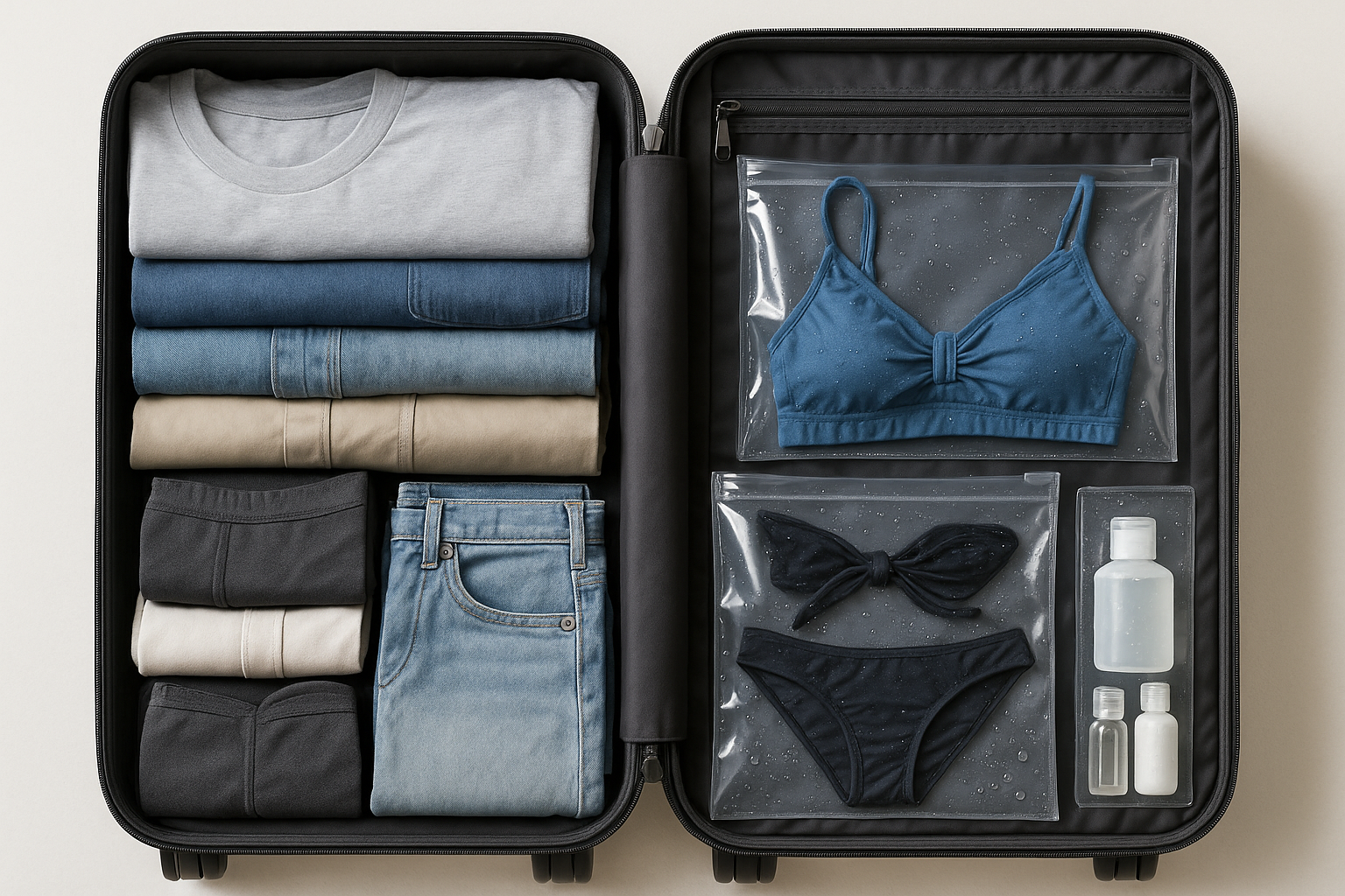 A suitcase open with clear sections: one side holding folded dry clothes, the other with wet swimsuits/toiletries sealed safely apart.