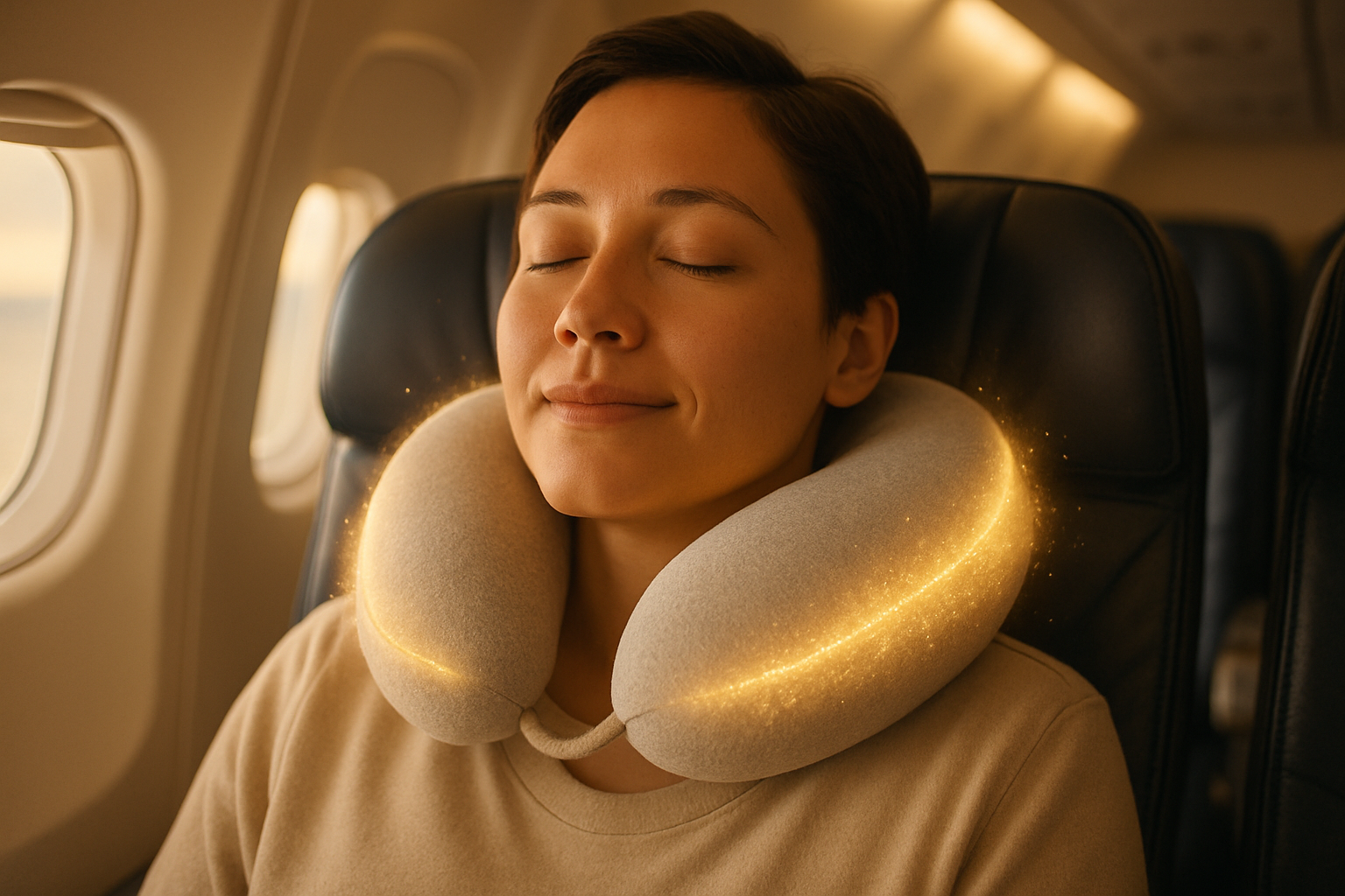 A traveler on a plane leaning back peacefully with a memory foam pillow hugging their neck, glowing comfort effect.