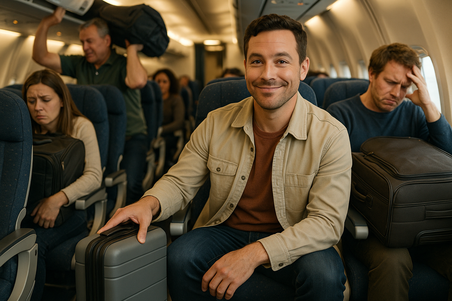 A traveler sliding the bag under an airplane seat, smiling as others struggle with oversized bags.