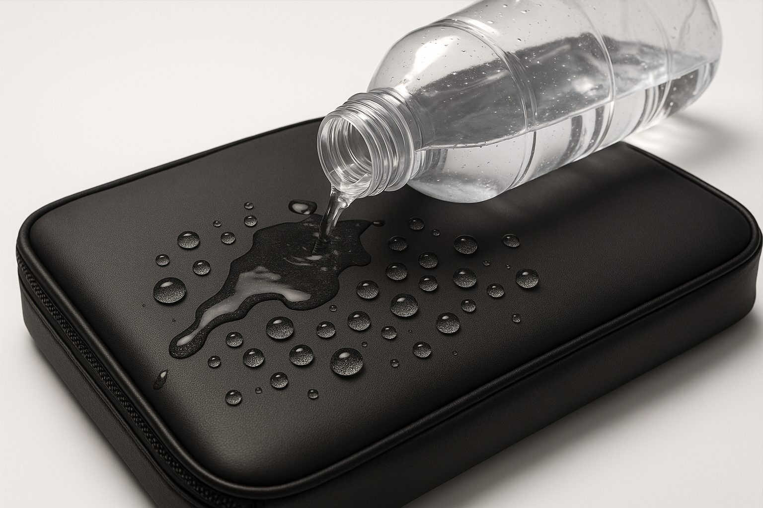 A water bottle spilling on the bag surface, liquid rolling off without soaking in.