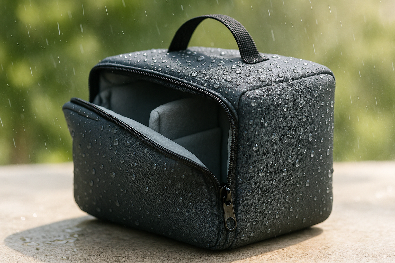 A waterproof DSLR camera insert bag with visible raindrops beading off the surface, zipper slightly open revealing padded interior, lightweight travel aesthetic, soft shadows and bright outdoor lighting.