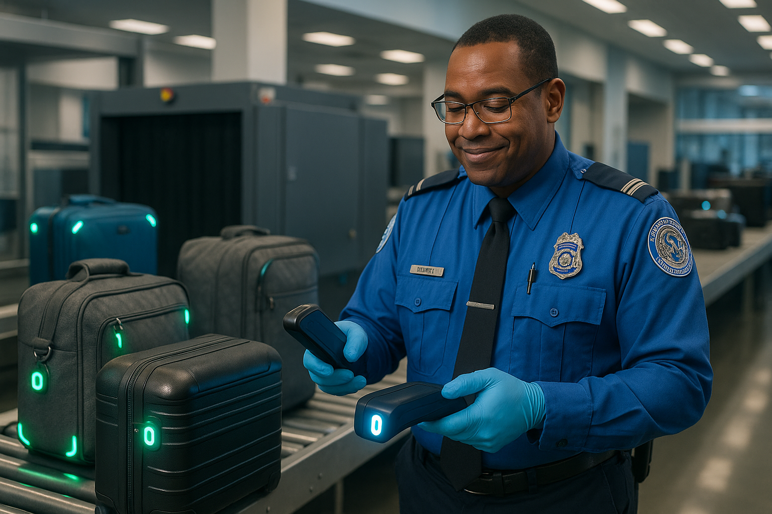 Airport baggage handling with luggage glowing from lock/corners, TSA officer scanning and approving the lock.