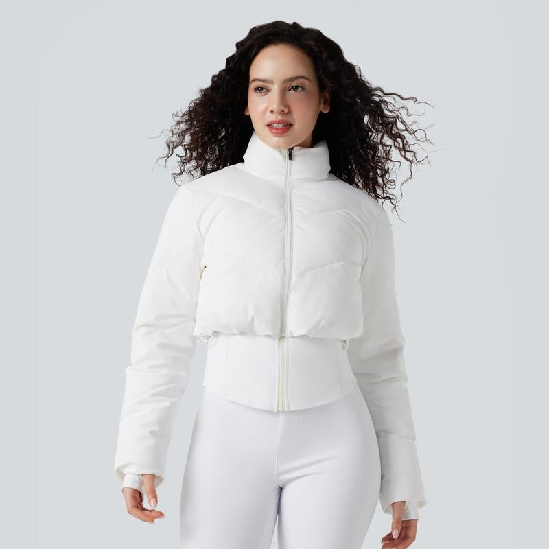  Cropped Puffer Coat & Thumb Holes Curved Hem Jacket with Pocket