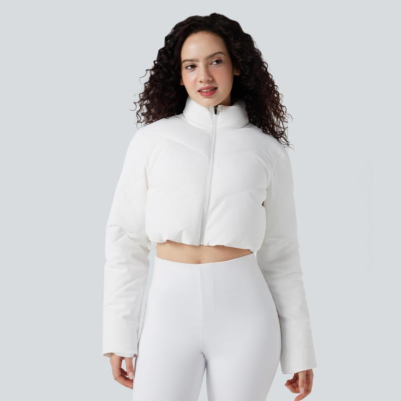  Cropped Puffer Coat & Thumb Holes Curved Hem Jacket with Pocket