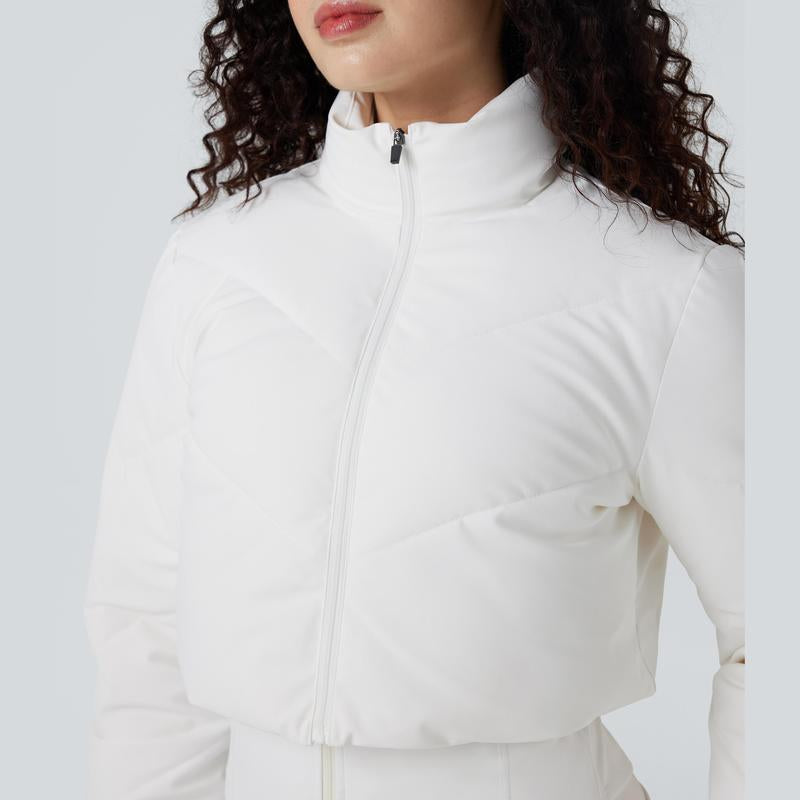  Cropped Puffer Coat & Thumb Holes Curved Hem Jacket with Pocket
