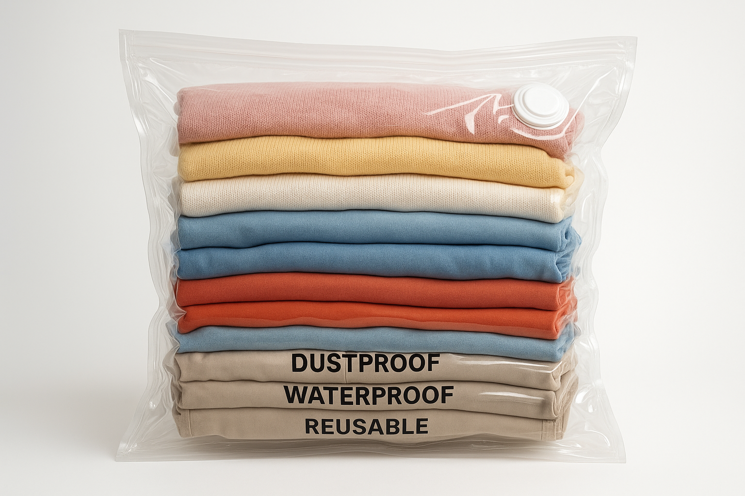 Clear vacuum storage bag showing clothes neatly inside, labels dustproof waterproof reusable, clothes looking fresh and protected”