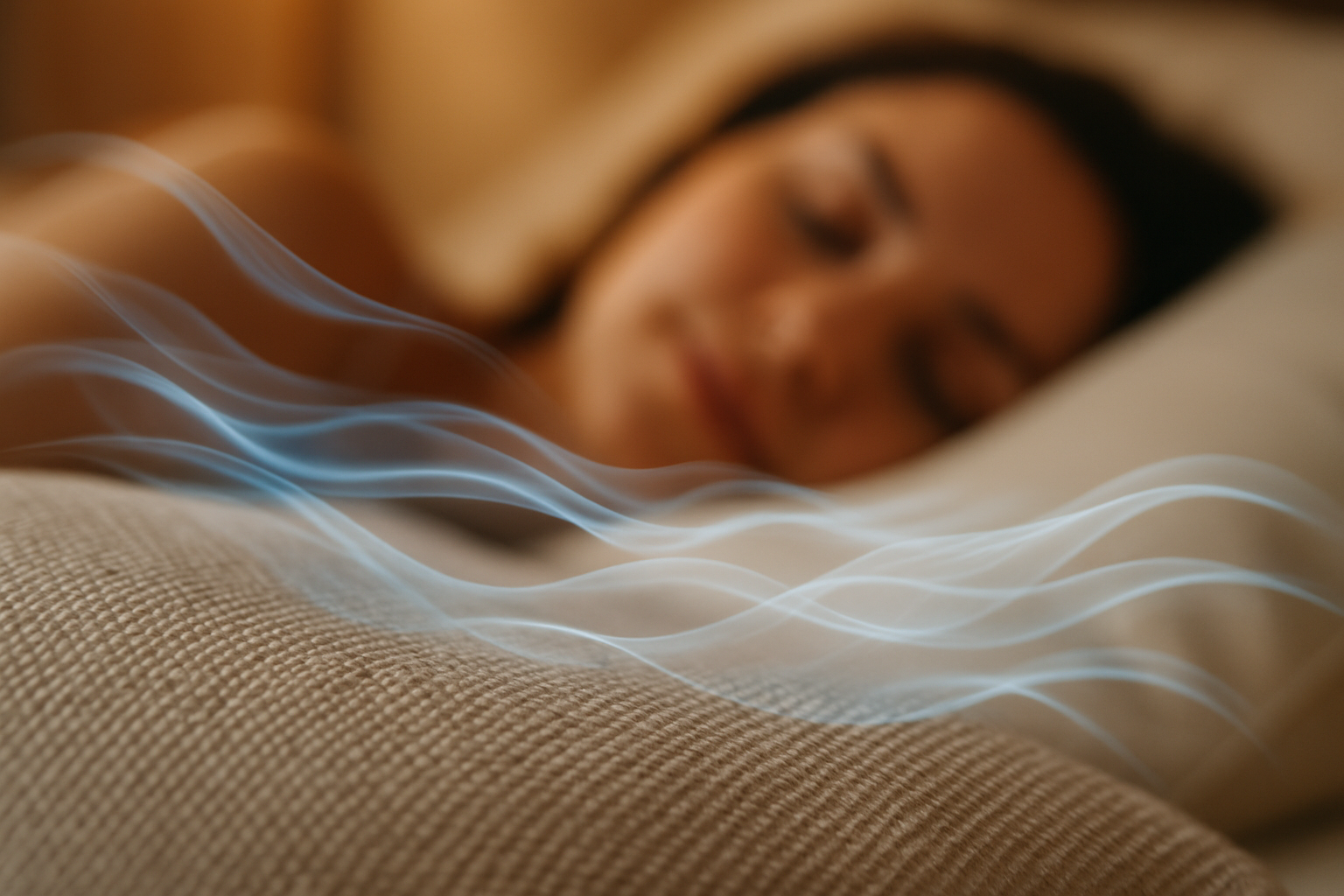 Close-up of the pillow’s soft fabric with airflow waves showing breathability, paired with someone resting peacefully.