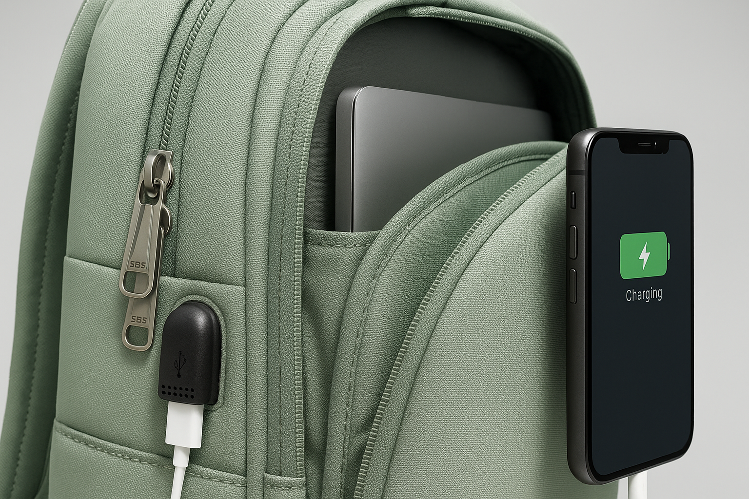 Close-up of the side of a light green nylon backpack with a built-in USB port. A phone is plugged in, visibly charging. Next to it, the backpack is partially open to reveal a 15.6-inch laptop inside a padded sleeve. Focus on the tech features, ports, and durable zippers (SBS-style). Bright, modern aesthetic.