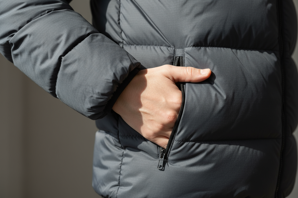 Close-up photo of the coat’s side pocket being used (hand inside or small item in pocket) and interior shot showing the puff/insulation detail