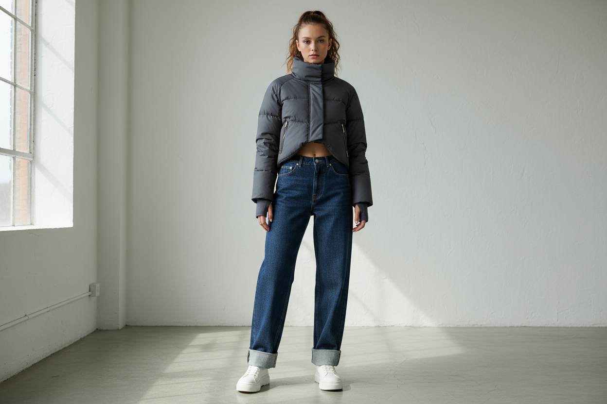 Full-body shot of model wearing coat with high-waist jeans or skirt to show the cropped hemline; another styled scene with the coat layered over a dress or leggings