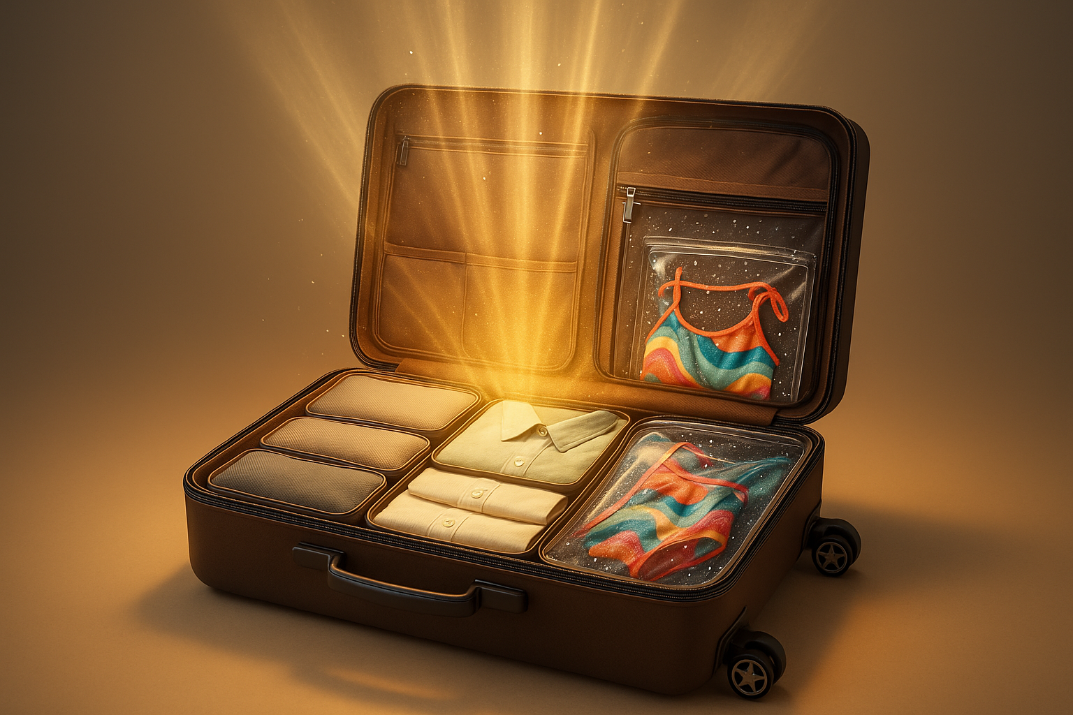 Luggage opening with glowing “extra space” effect, showing neatly separated dry clothes and wet items (like a swimsuit in a waterproof pouch).