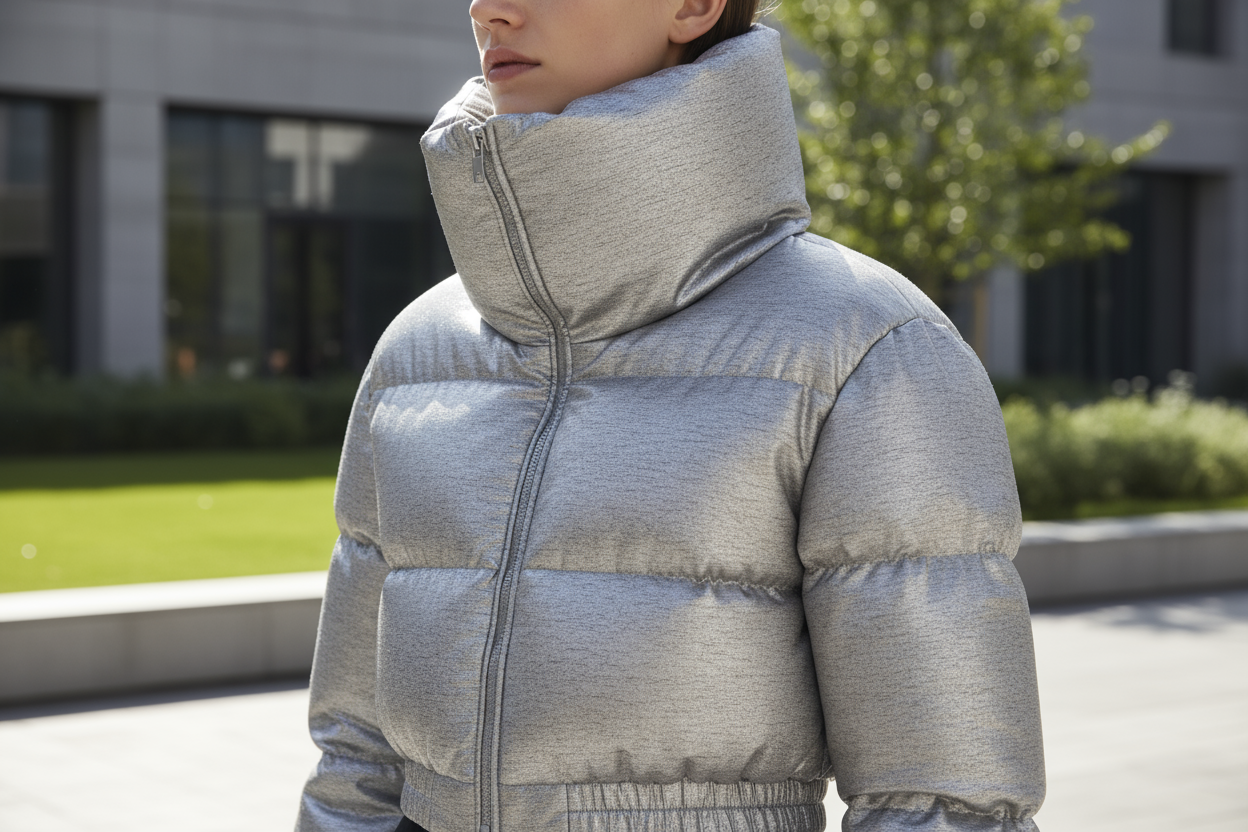 Model wearing the cropped puffer coat outdoors, collar zipped up close to the neck, head turned slightly to show the collar height and structure