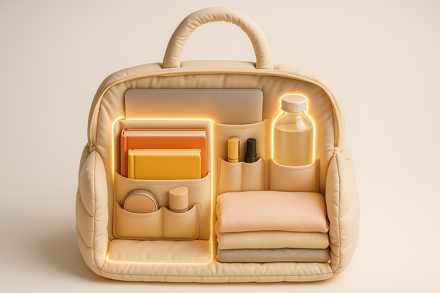The Puffy Bag opened wide, showing neatly arranged essentials — laptop, books, water bottle, cosmetics, and clothes. Use glowing outlines or highlight effects on each pocket to emphasize organization.